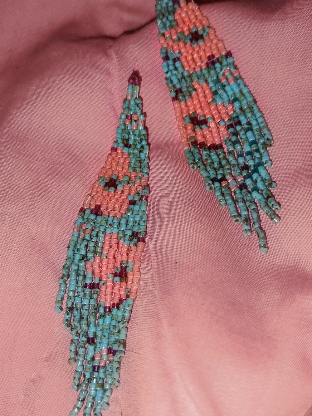 Handmade Pink and Turquoise Seed Bead Fringe Earrings - Women Jewelry